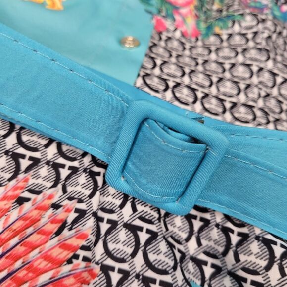 NEW M Dalia McPhee retro diner turquoise pink bird BELTED FULL DRESS medium NWT - Picture 7 of 16